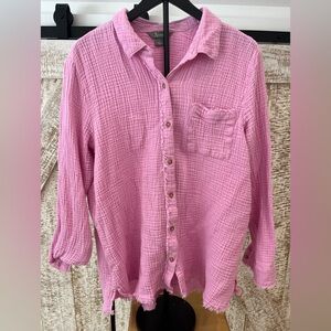Women’s Natural Reflections Cotton Pink Button-Up Shirt Frayed Detailing Size XL